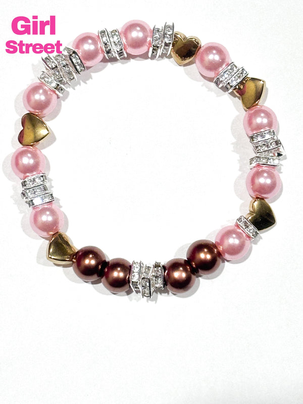 Pandora bracelet with gold hearts Pink pearls and Brown Pearls